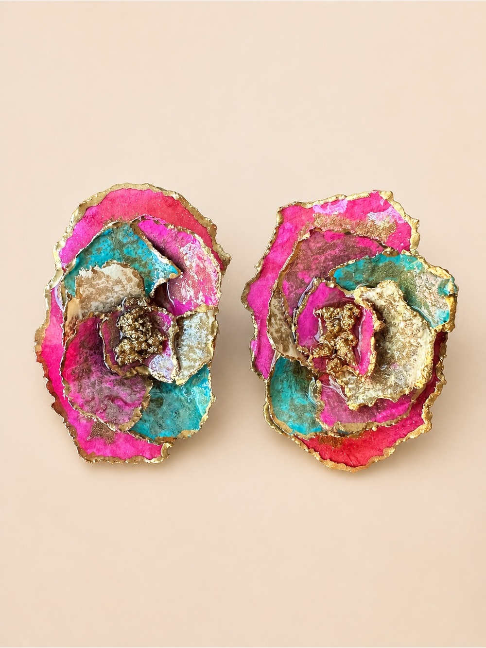 Pink Geode Statement Stud Earrings Gold Edge Natural Stone Look